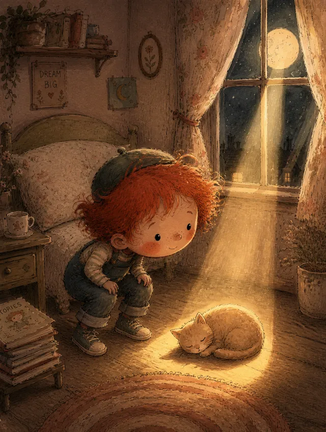 A young boy with wild red hair, freckles, rosy round chee...
