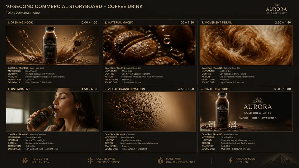 پرامپت استوری‌بورد با چت جی پی تی GPT Image : Create a 10-second cinematic product… - ساخته‌شده با چت جی پی تی GPT Image