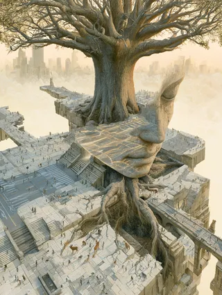 پرامپت پس‌زمینه با میدجرنی: A museum-quality surreal oil painting… - ساخته‌شده با میدجرنی