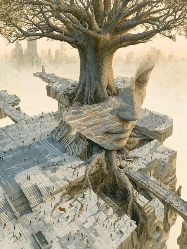 A museum-quality surreal oil painting exploring the conce...