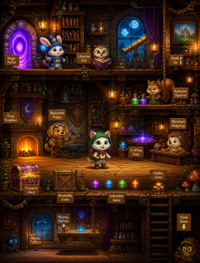 A cozy magical witch's cottage interior for a cute 2D adv...