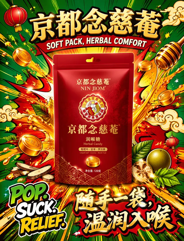 请生成一张超饱和活力的京都念慈菴润喉糖商业海报。画面正中央放置一袋高度逼真的京都念慈菴润喉糖袋装包装——自立袋，自...