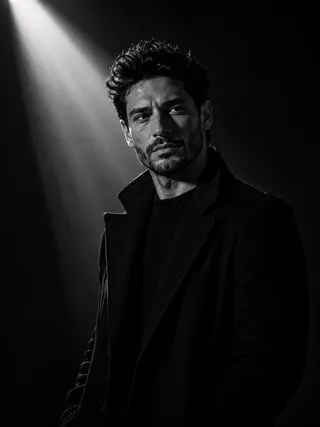 پرامپت عکاسی با چت جی پی تی GPT Image : Ultra-cinematic black-and-white portrait of a… - ساخته‌شده با چت جی پی تی GPT Image