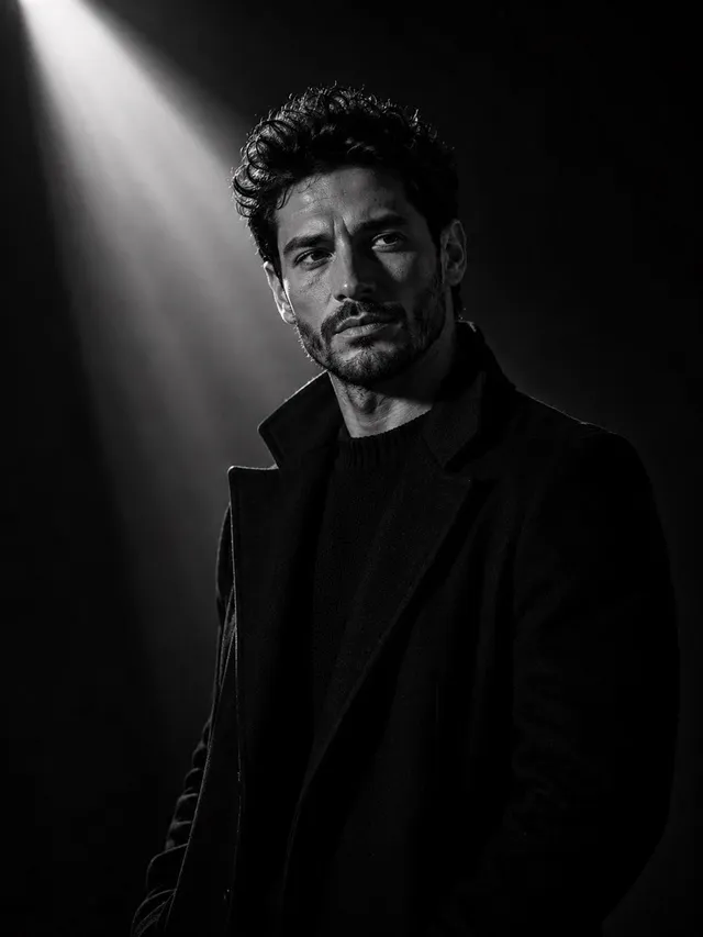 Ultra-cinematic black-and-white portrait of a young man s...