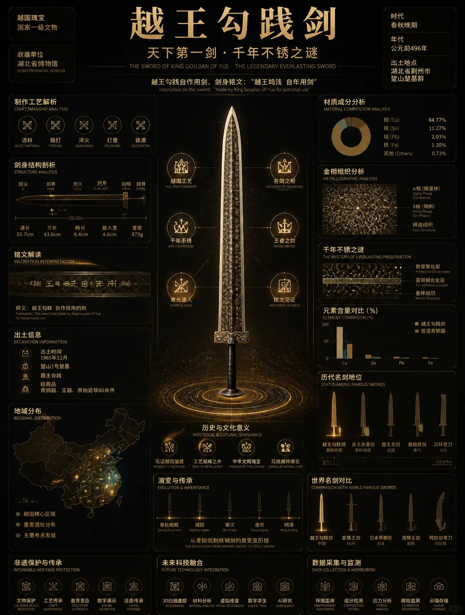 پرامپت طراحی با چت جی پی تی GPT Image : 根据参考图做一张关于越王勾践剑的信息可视化 - ساخته‌شده با چت جی پی تی GPT Image