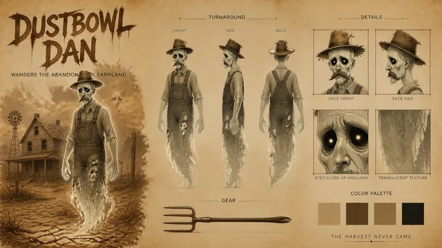 Create a premium cinematic character bible sheet for a gh...