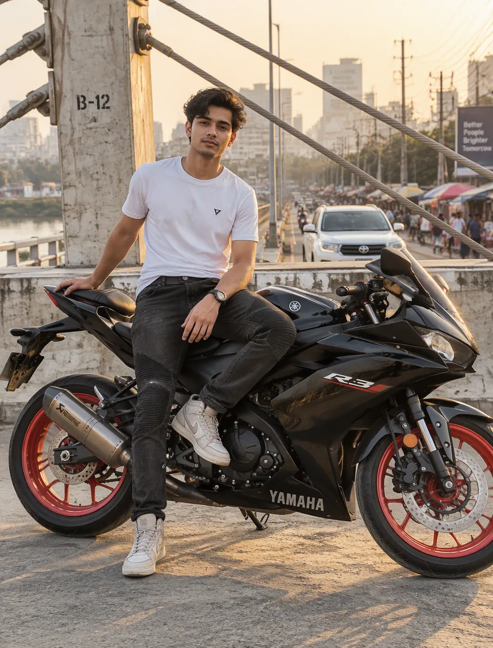 پرامپت عکاسی با چت جی پی تی GPT Image : A young man sits astride a black sport… - ساخته‌شده با چت جی پی تی GPT Image
