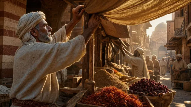 A bustling 14th-century Egyptian spice market at early mo...