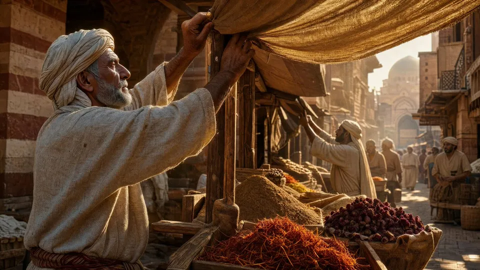پرامپت عکاسی با چت جی پی تی GPT Image : A bustling 14th-century Egyptian spice market… - ساخته‌شده با چت جی پی تی GPT Image