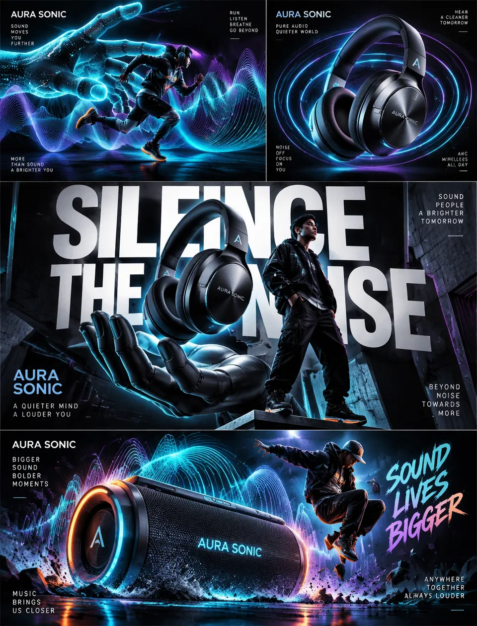 پرامپت طراحی با چت جی پی تی GPT Image : 智能音频品牌“AURA SONIC”多画幅插画海报设计提示词 视觉风格与全局构图… - ساخته‌شده با چت جی پی تی GPT Image