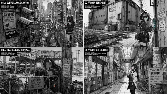 2x2 grid, 16:9, 4 AI inferred dystopian subjects,topics: ...