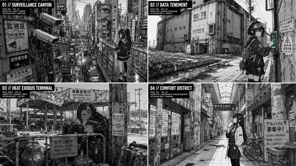 پرامپت استوری‌بورد: 2x2 grid, 16:9, 4 AI inferred dystopian…