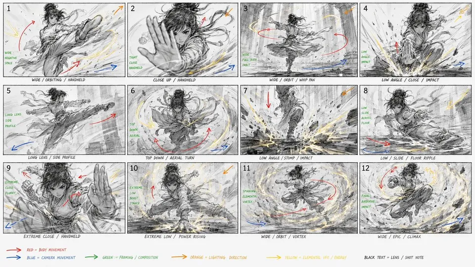 پرامپت استوری‌بورد با چت جی پی تی GPT Image : Create a raw kung fu performance storyboard… - ساخته‌شده با چت جی پی تی GPT…