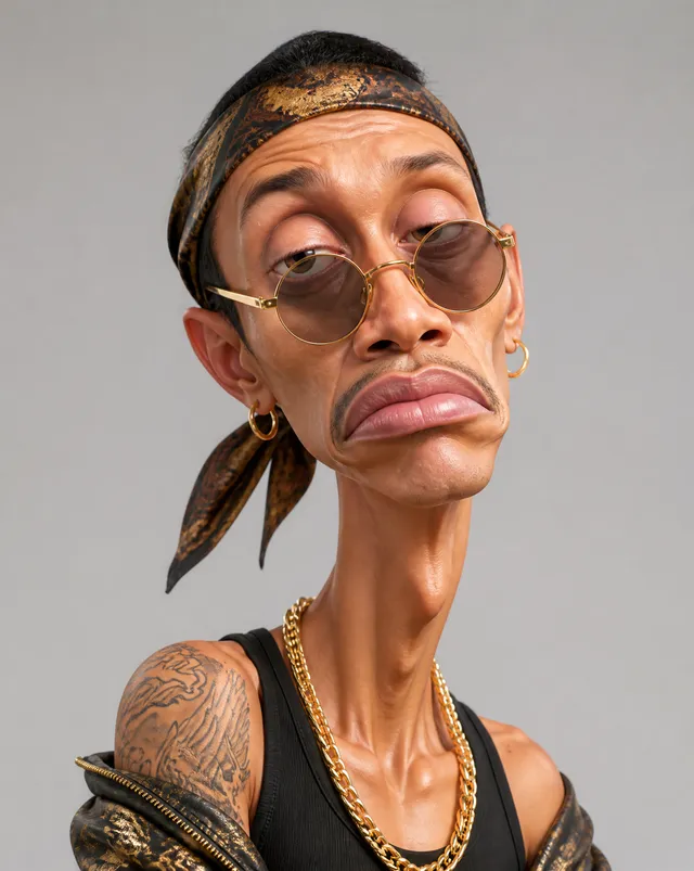Create an exaggerated stylized 3D caricature character po...