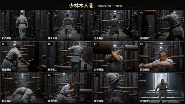 生成一段15秒、横版16:9、真人写实功夫片质感的《少林木人巷》一镜到底闯关视频。