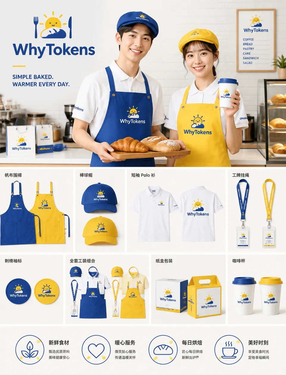 پرامپت لوگو با چت جی پی تی GPT Image : 品牌 VI 工装版式展板，烘焙店 WhyTokens 全套视觉物料展示，明亮克莱因蓝 +… - ساخته‌شده با چت جی پی تی GPT Image