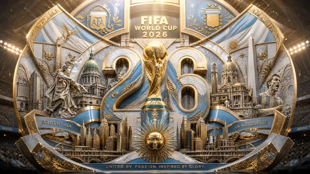 Ultra-luxury FIFA World Cup 2026 poster, monumental layer...