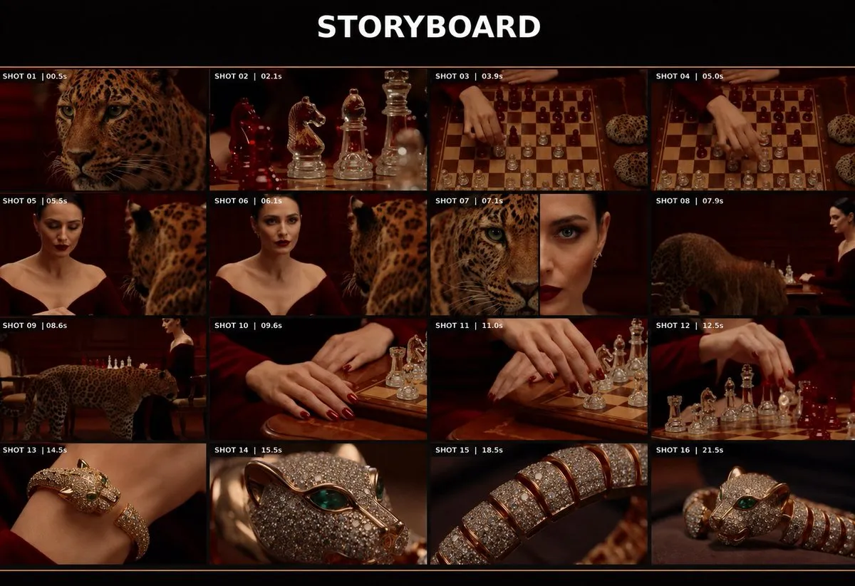 پرامپت استوری‌بورد: Create a 22-second ultra-luxury cinematic…