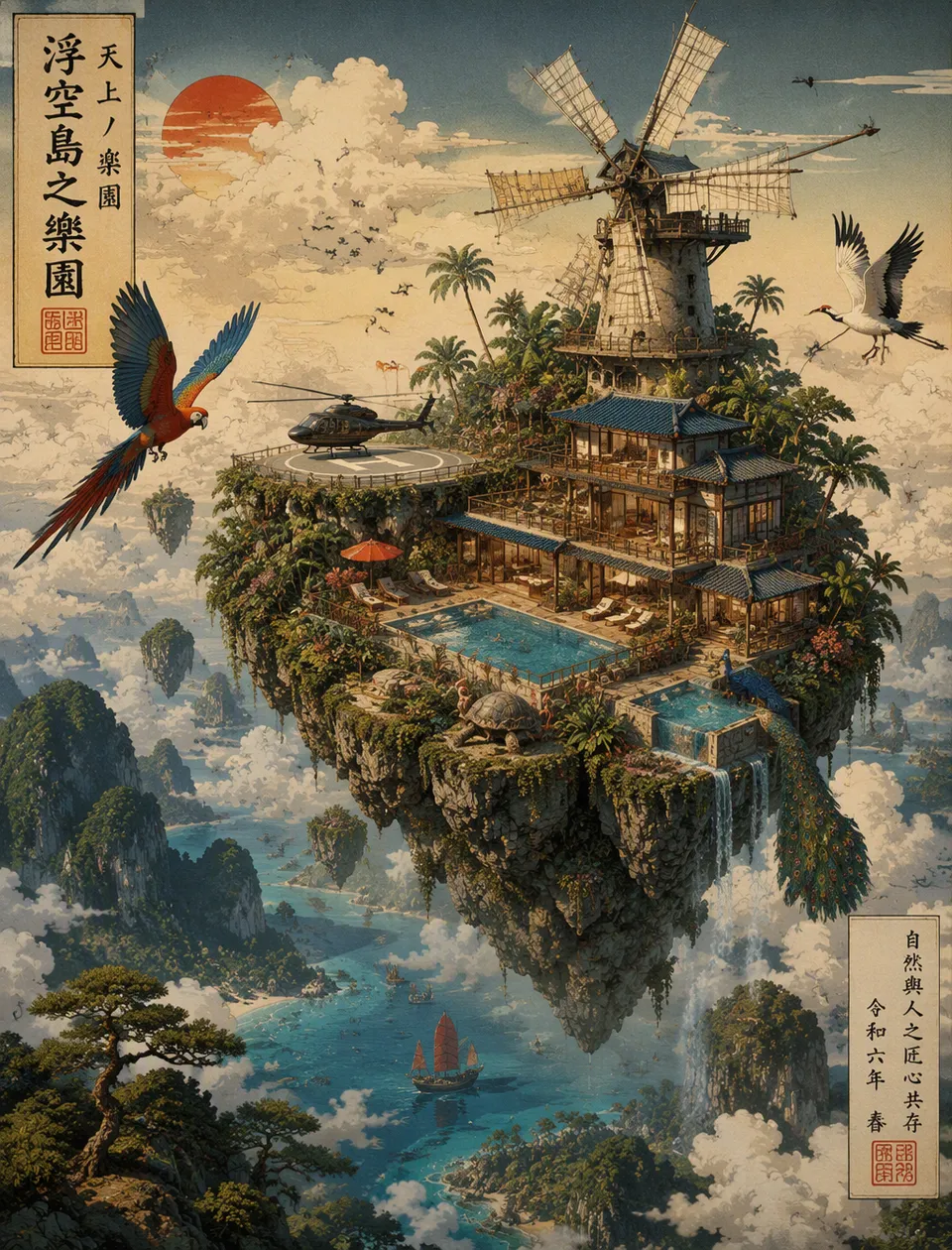 پرامپت طراحی با چت جی پی تی GPT Image : A surreal, Ukiyo-e-inspired 3D render of a… - ساخته‌شده با چت جی پی تی GPT Image