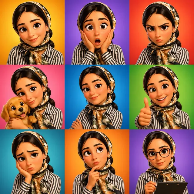3D cartoon avatar character showing different emotions ar...