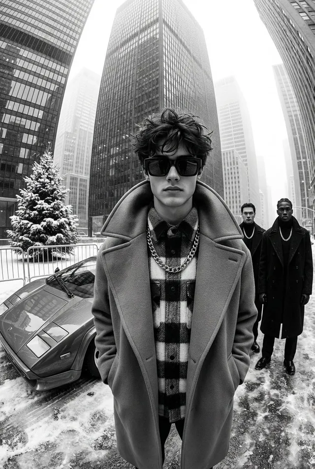 A black-and-white, high-contrast, ultra-glamorous street ...