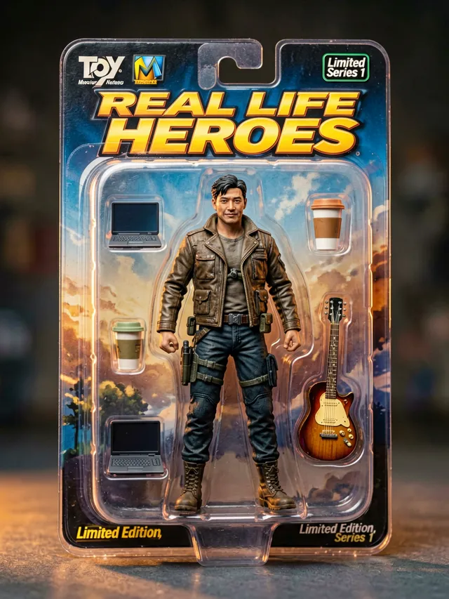 Create a hyperrealistic 3D action figure of the person in...