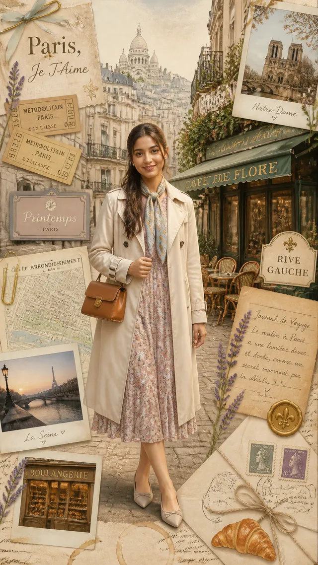 Create a highly detailed cinematic travel scrapbook compo...