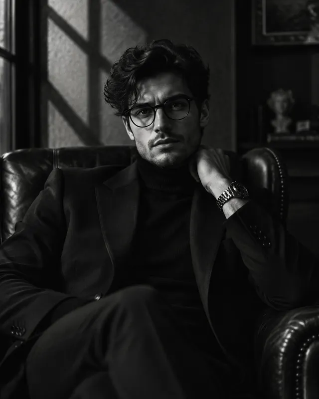 Ultra-realistic cinematic black-and-white portrait of a handsome young man with tousled wavy dark hair, subtle stubble, defined ma