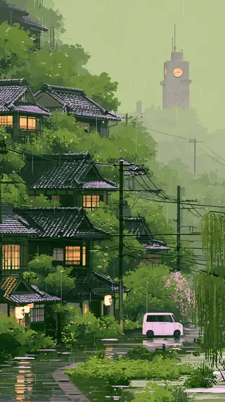 پرامپت پس‌زمینه با میدجرنی: A rain-soaked Japanese hillside neighborhood… - تصویر 4، ساخته‌شده با میدجرنی