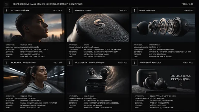 Create a 10-second cinematic product commercial storyboar...