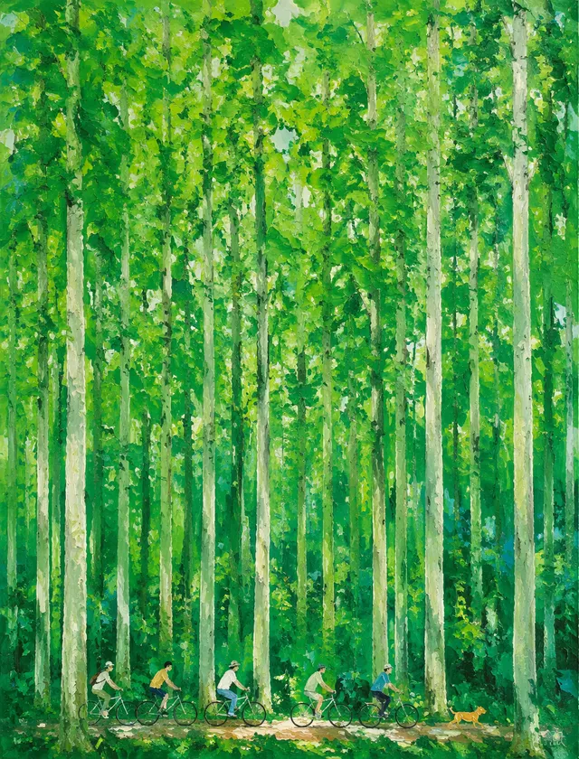 Vertical textured oil painting, dense tall metasequoia fo...