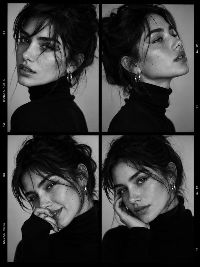 Ultra-viral black-and-white luxury fashion casting contact sheet portrait of a striking young woman with soft freckles, expressive
