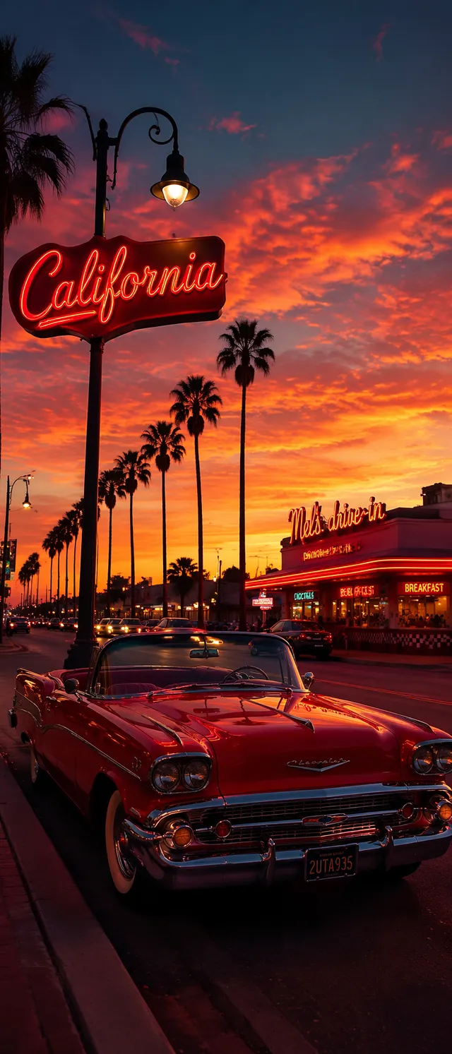 Vertical retro American roadside photography, sunset dusk...