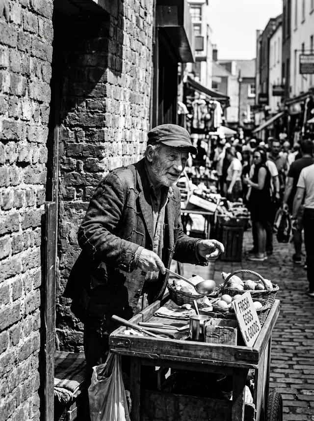 Candid black and white street photography portrait of [an...