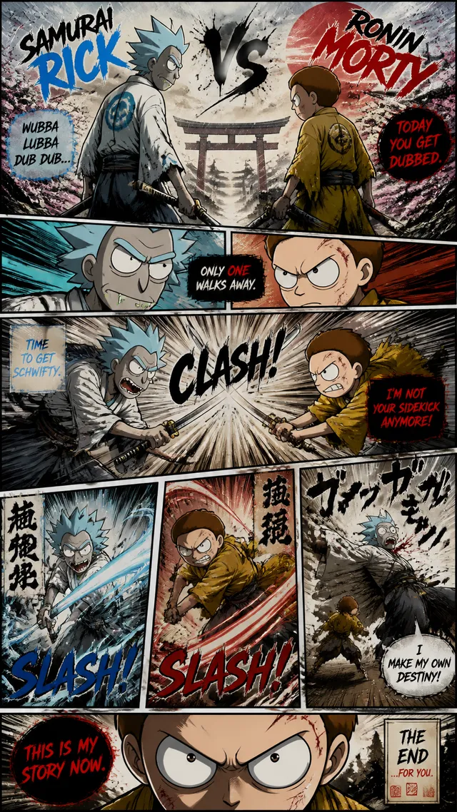 Full-page colored manga illustration of a duel between Sa...