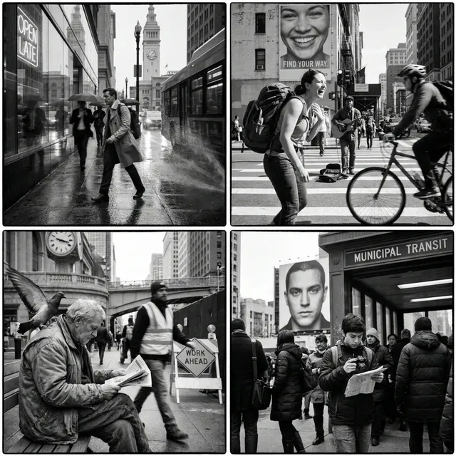 پرامپت استوری‌بورد با نانو بنانا جمینای : input = stranger s / urban context / unaware… - تصویر 2، ساخته‌شده با نانو بنانا…