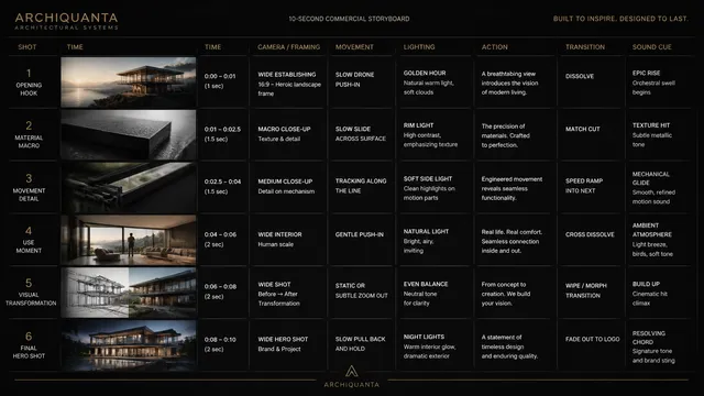 Create a 10-second cinematic product commercial storyboar...
