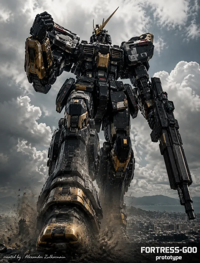 A colossal bipedal mecha robot walking directly toward th...