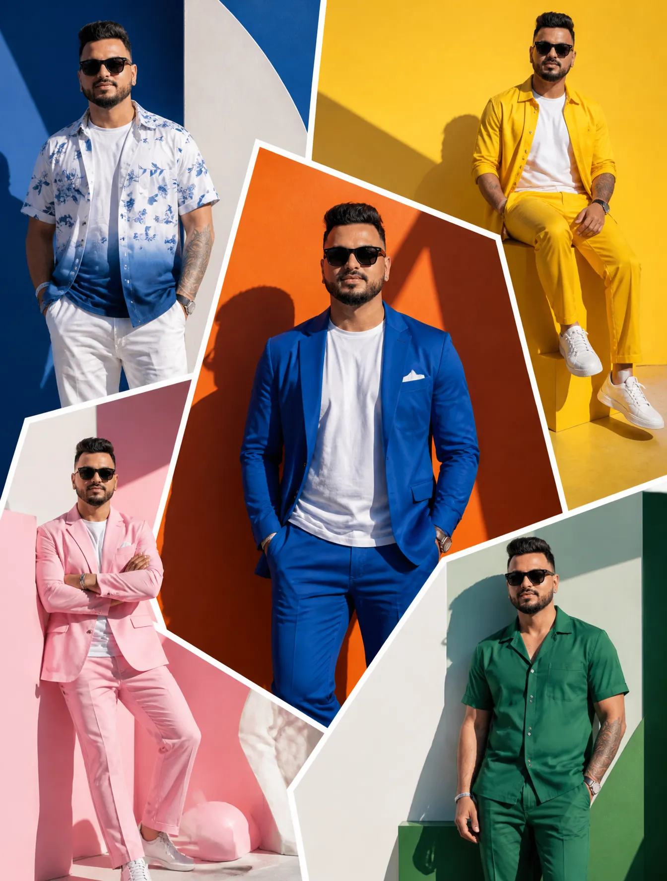 پرامپت عکاسی با چت جی پی تی GPT Image : The SAME male model displayed across oversized… - ساخته‌شده با چت جی پی تی GPT Image