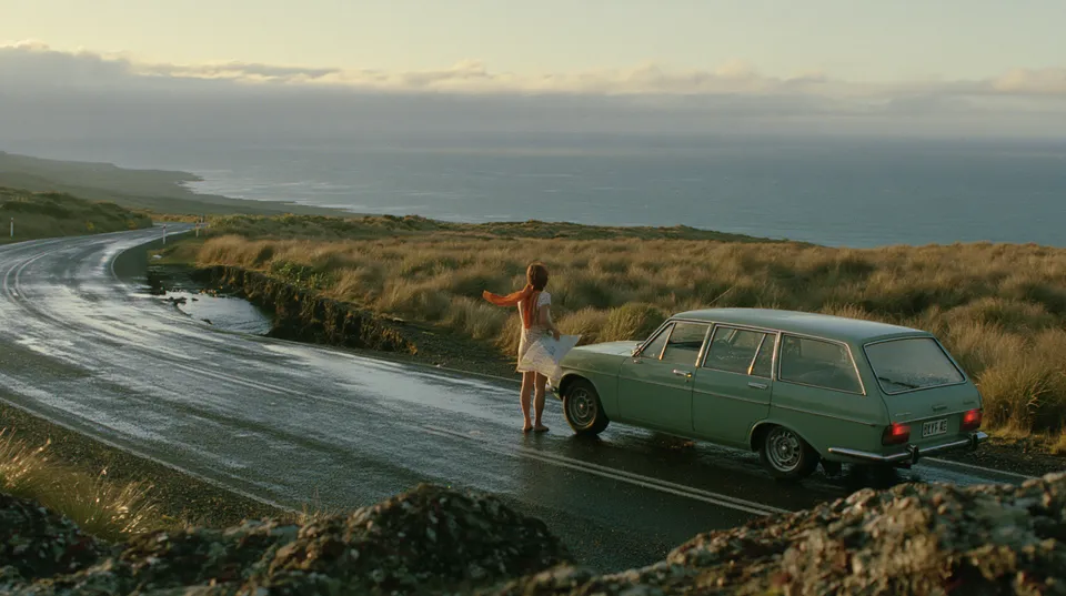 پرامپت استوری‌بورد با میدجرنی: Naturalistic cinematic road movie still, 16:9… - ساخته‌شده با میدجرنی