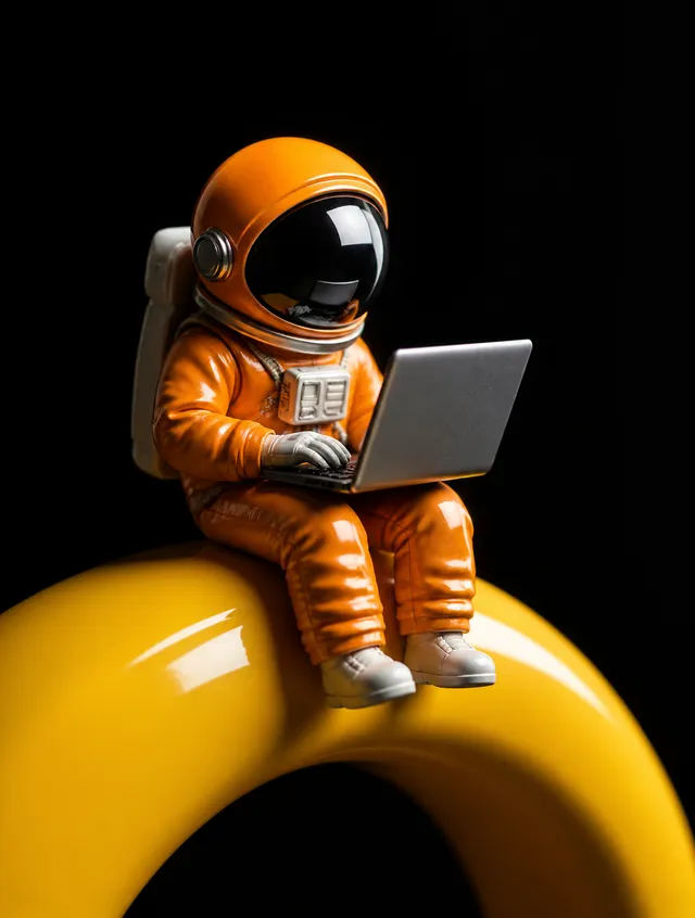 A stylized miniature astronaut in a vibrant orange pressu...
