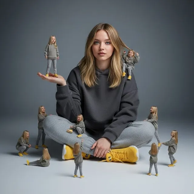 A creative surreal image of a woman sitting on the ground, wearing a dark yellow hoodie, gray pants, and yellow shoes, surrounded 