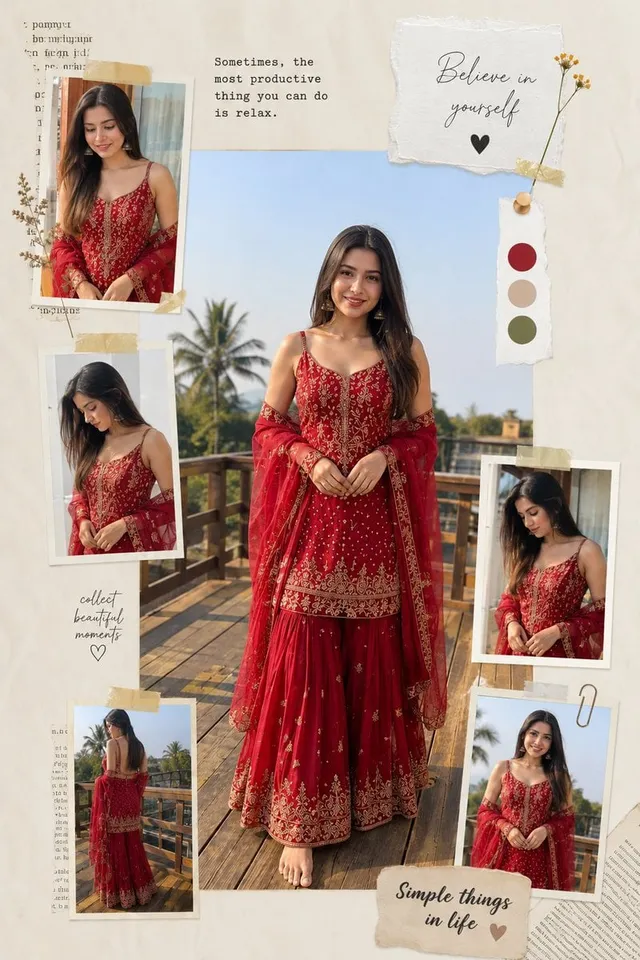 Instagram viral photo collage poster, vertical 4:6 format. Center: hyperrealistic Indian woman, light wheatish skin, long dark str