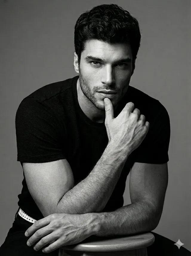 A professional black and white studio portrait of a hands...