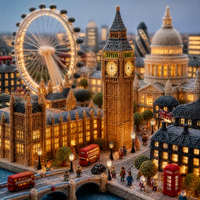 “Vertical composition, 1080x1080. A miniature [City] made...