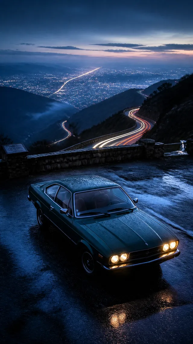 A dark emerald retro coupe stopped at a mountain lookout ...