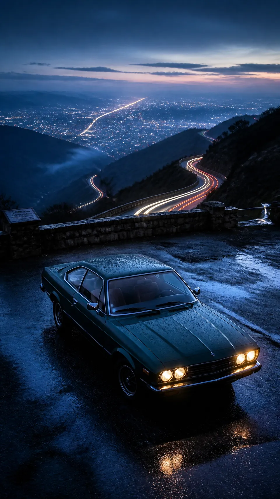 پرامپت پس‌زمینه با چت جی پی تی GPT Image : A dark emerald retro coupe stopped at a… - ساخته‌شده با چت جی پی تی GPT Image