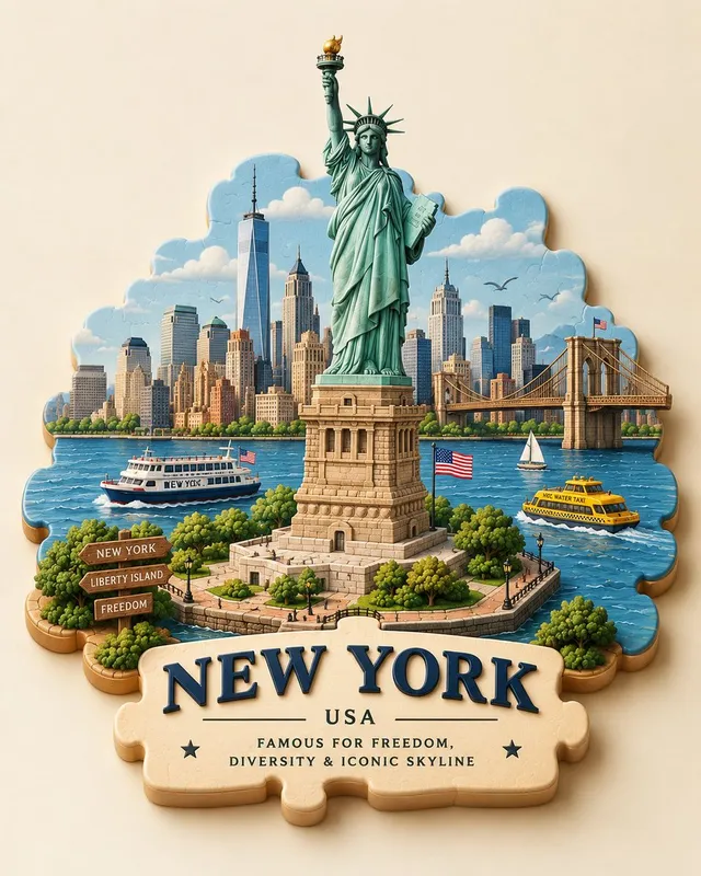 Create a charming 3D puzzle-piece travel scene of [City],...