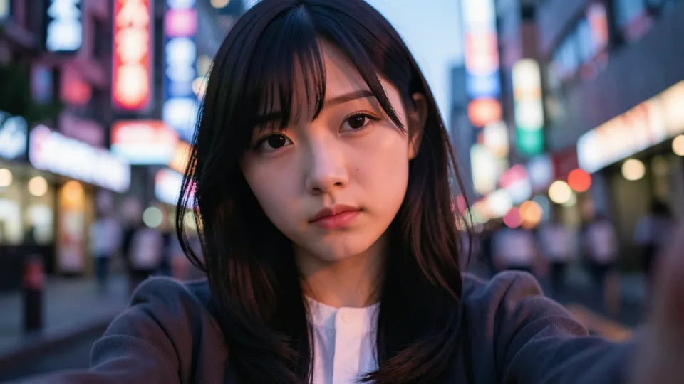 پرامپت عکاسی با فلوکس: エモーショナルな雰囲気で、夕暮れ時の柔らかな光に包まれた日本人女子大生の自撮り写真。彼女の表情… - ساخته‌شده با فلوکس