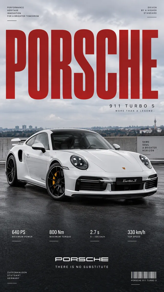 White Porsche 911 Turbo S parked at a dynamic three-quart...